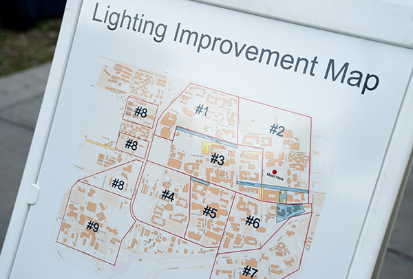 Image of a map of the UC Davis campus broken down into sectors with the title Lighting Improvement Map