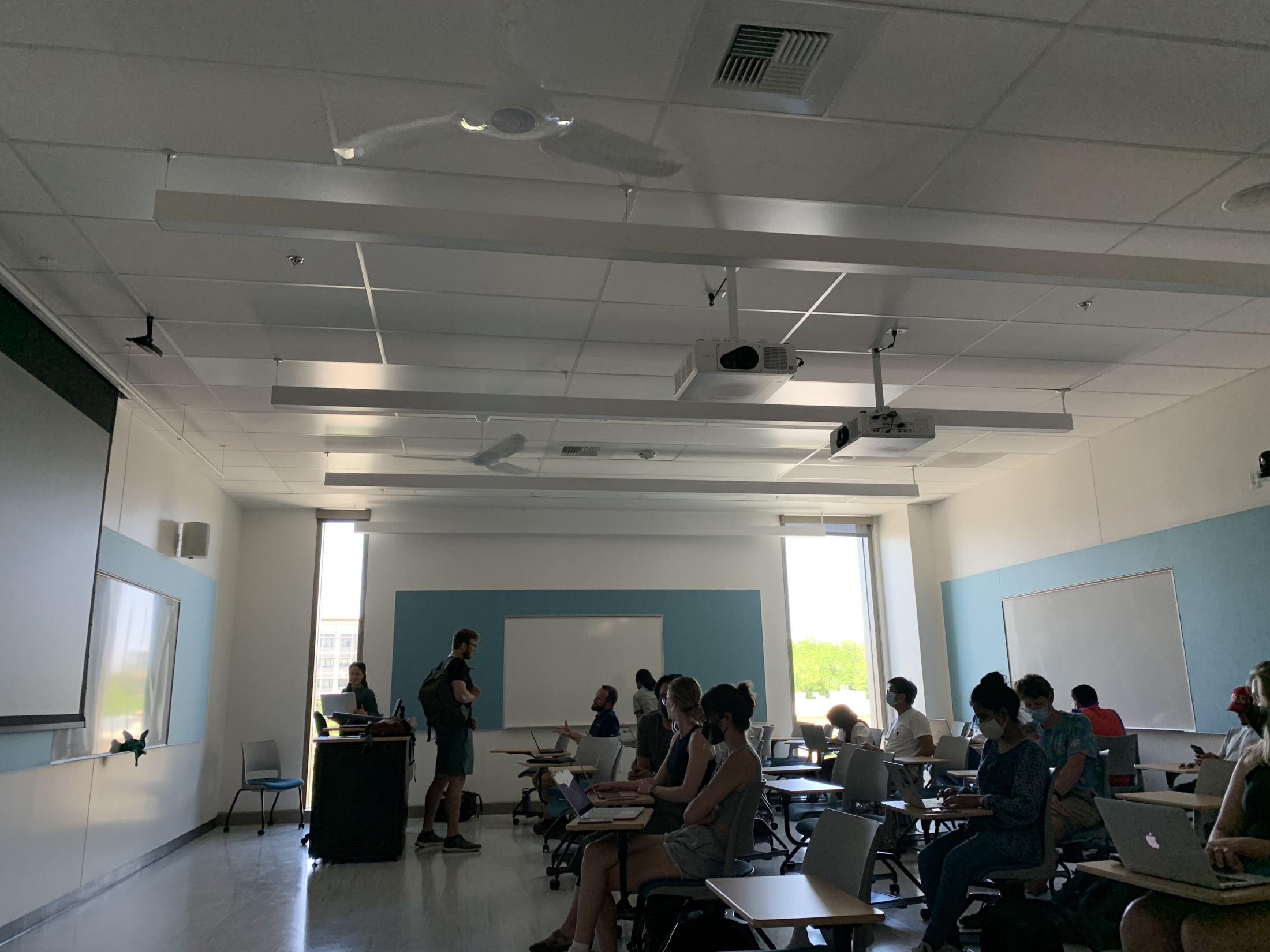 a classroom with large windows