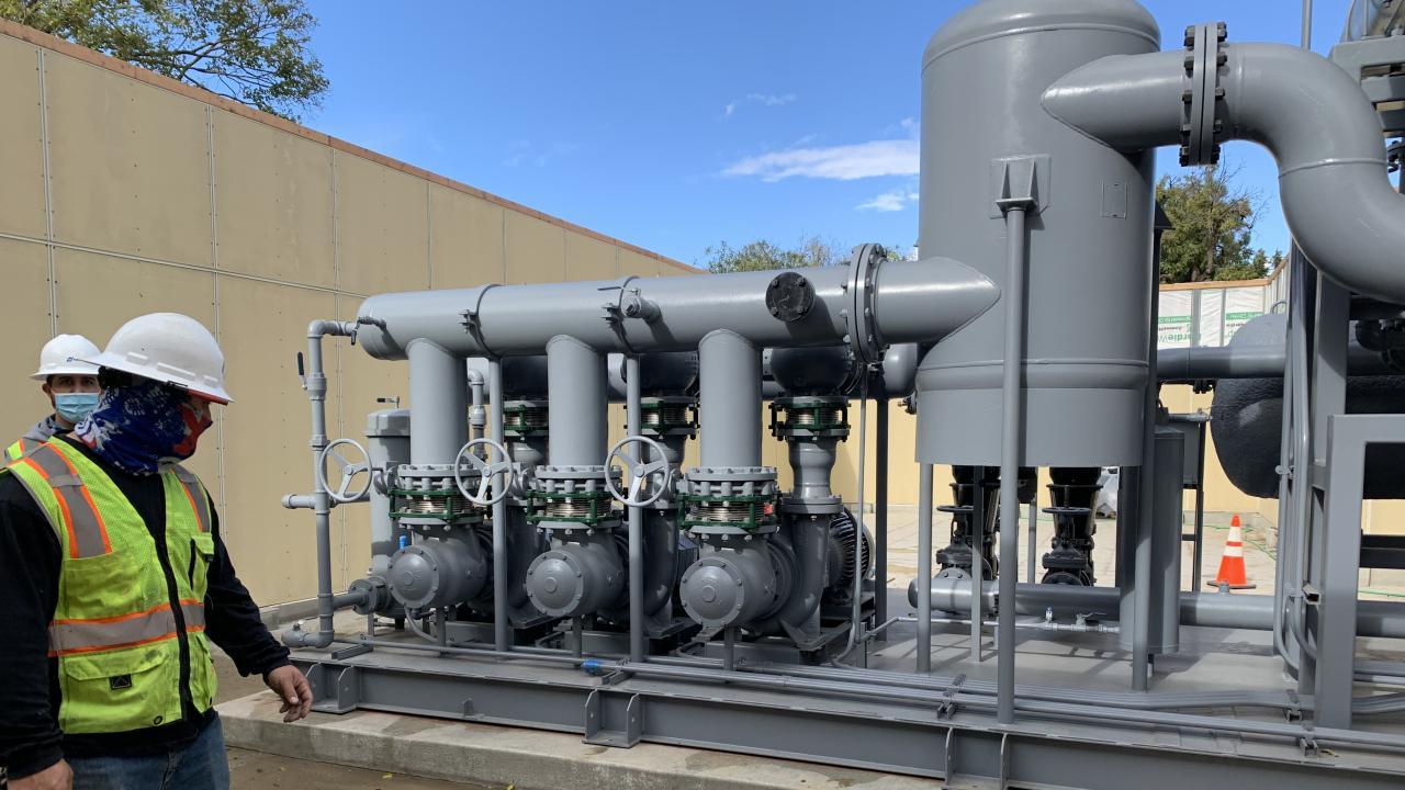 This heat exchanger, installed in a temporary structure on California Avenue near Kerr Hall, uses steam to create the hot water that currently heats almost 30 buildings converted in the Big Shift project. When the next Big Shift district is complete (learn more below), this exchanger, and the campus’s oldest boiler will be taken offline. Once that happens, all of the Big-Shift-converted buildings will be heated with hot water created by electricity and other renewable resources. (Fun fact: This exchanger is